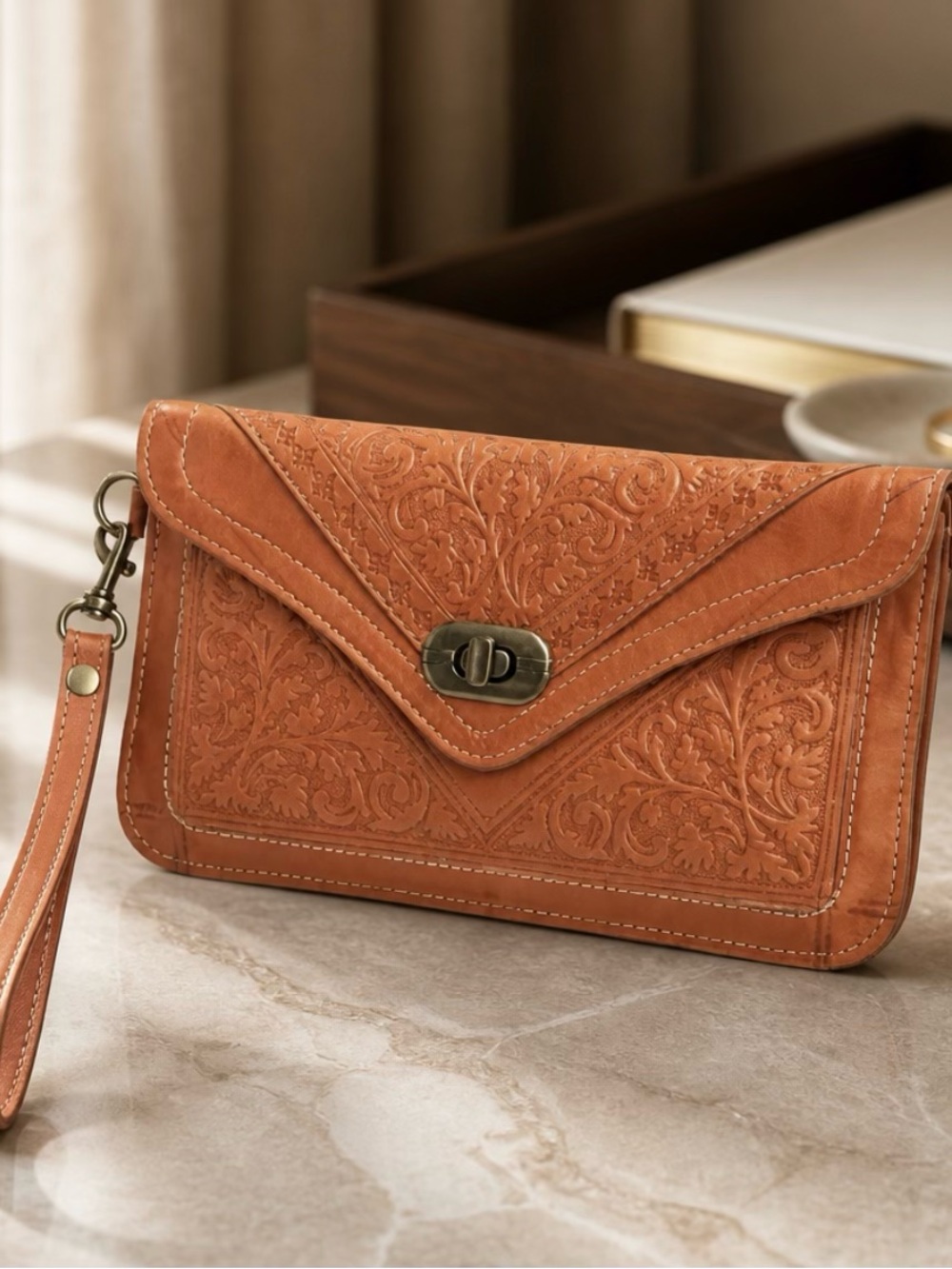 Medium Western Leather Orange Quilted Wristlet with Floral Embossing